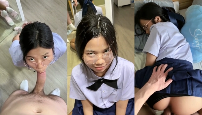 น้ำเงี่ยนเต็มหัว! คลิปโป๊นักเรียน THAI STUDENT ฝรั่งเย็ดแฟนสาววัยนักเรียนมัธยม ถกกระโปรงแหวกกางเกงในซอยท่าหมา ปล่อยน้ำว่าวพุ่งใส่เต็มหัว เลอะหน้า แว่นเปื้อน
